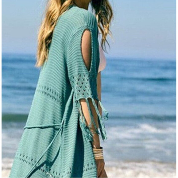 Tasseled Cardigan Swimsuit Coverup In Dusty Blue - Picture 3 of 4